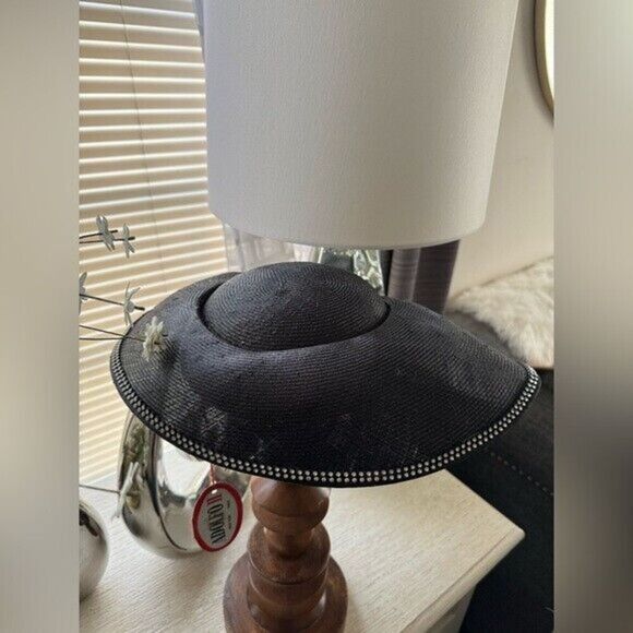 VTG NWT Adolfo II Black Straw Rhinestone Trim Hat - Picture 3 of 13